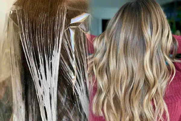Split image showing hair being highlighted on the left and finished balayage highlights on the right.