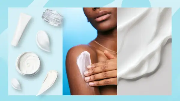 Krämer och lotions, inklusive karbamid för ansiktet, visas i olika behållare och appliceras på huden.