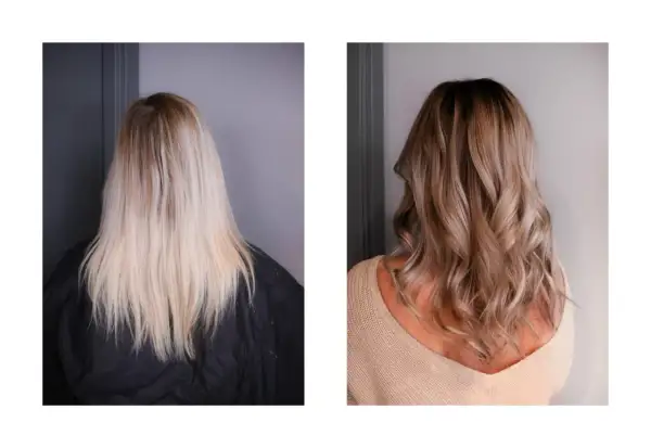 Före och efter: blont hår med bruna slingor hemma. Vackert, naturligt resultat med djup och glans.