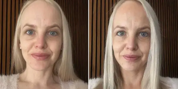 Före och efter-bilder visar hur en kvinna lyckas applicera brun utan sol i ansiktet för en jämnare hudton.