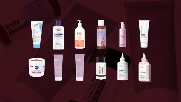Samling av hudvårdsprodukter för keratosis pilaris behandling, inklusive krämer, lotions och exfolierande stift.