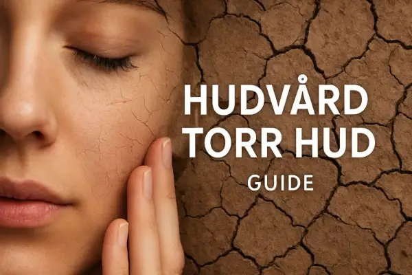 En närbild av ett ansikte med torr, sprucken hud som liknar uttorkad jord. Texten "HUDVÅRD TORR HUD GUIDE" syns.
