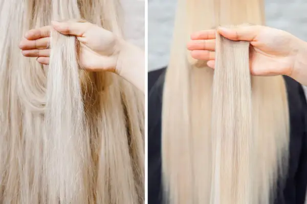 Före och efterbild på blont hår. Vänster: torrt och frissigt. Höger: slätt och glansigt efter behandling med kreatin för hår.