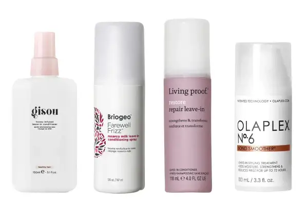 Fyra leave-in-produkter för håret: Gisou, Briogeo, Living Proof och Olaplex. Perfekta för att bekämpa torra toppar och ge glans.