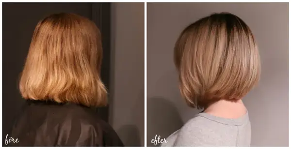 Före och efterbilder visar en person som valt att styla kort hår. En snygg och modern frisyr.