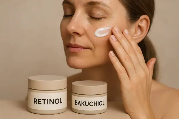 Kvinna applicerar kräm på kinden. Två burkar syns framför, märkta "Retinol" och "Bakuchiol", som en del av en effektiv retinol hudvård.