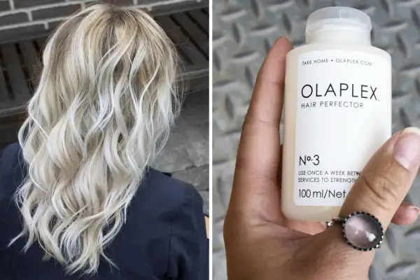 Vacker blont hår som stylats med vågor. En hand håller en flaska Olaplex No. 3, en hårbehandling för styrka.