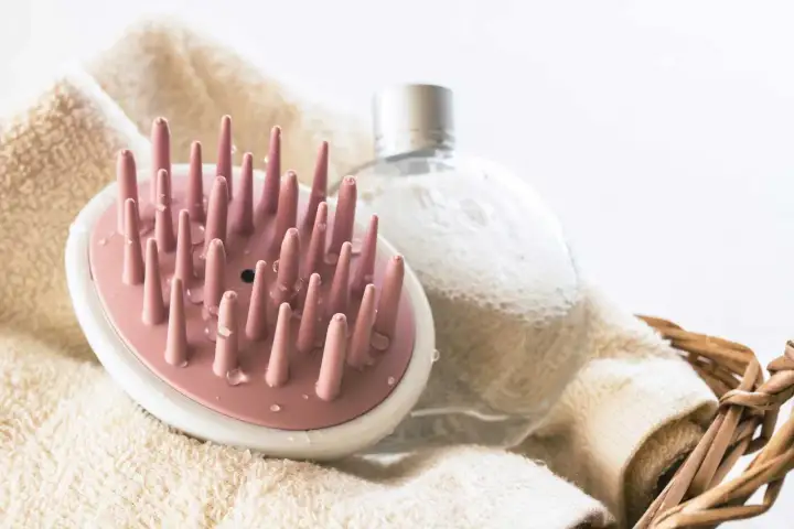 Rosa borste för att exfoliera hårbotten, bredvid en bubblig flaska och en handduk i en korg.